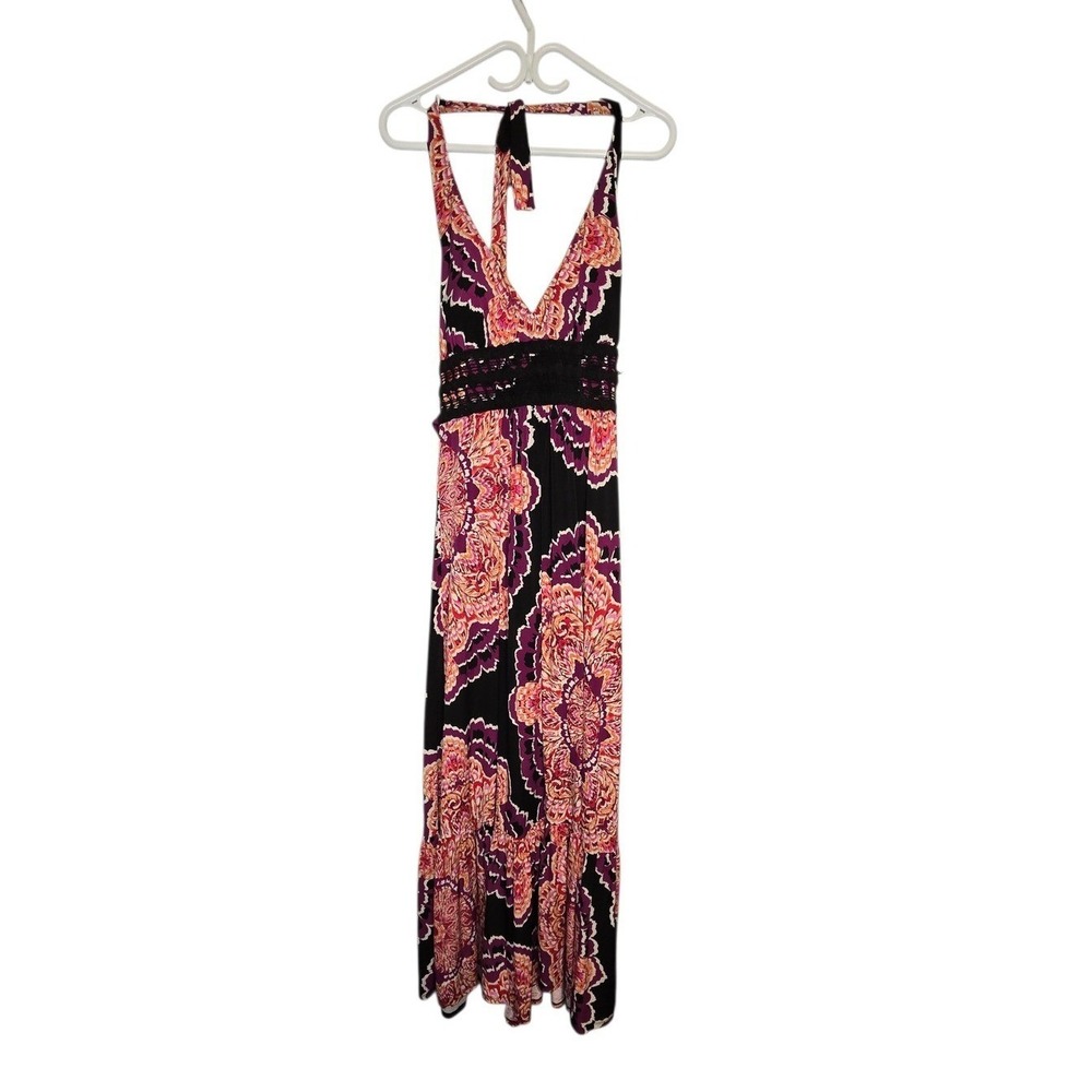 Bisou Bisou Halter Maxi Dress Stretch Boho Paisley Print Open Back Y2K Small‎